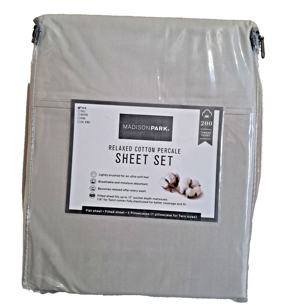 Twin Sheet Set Gray 200 Thread Count Relaxed Cotton Percale Soft Beathable